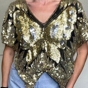 Vintage Sequin Butterfly Silk Lined Top Black Gold Silver